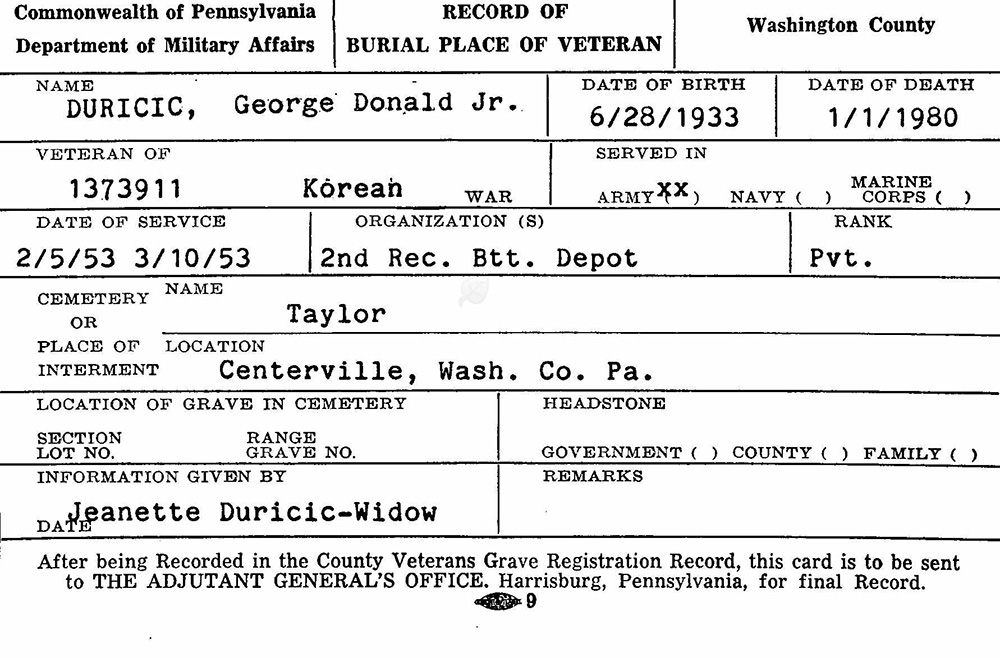 veteran burial card